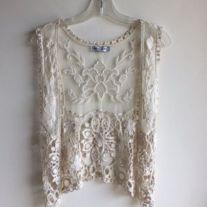 Pinky cream crochet and embroidered mesh vest